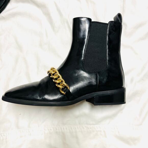 JEFFREY CAMPBELL Emrys Chelsea Boots Black High Shine Leather Gold Chain Size 6 - Picture 5 of 10